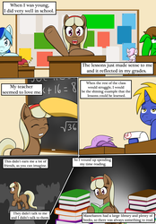 Size: 800x1150 | Tagged: safe, artist:jake heritagu, oc, oc only, oc:sandy hooves, pony, book, chalk, chalkboard, comic, school, test