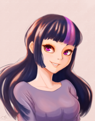 Size: 841x1080 | Tagged: safe, artist:the-park, twilight sparkle, human, g4, bust, clothes, female, humanized, looking at you, portrait, simple background, smiling, solo