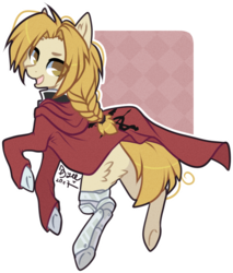 Size: 666x783 | Tagged: safe, artist:tay-niko-yanuciq, earth pony, pony, clothes, crossover, edward elric, fullmetal alchemist, male, ponified, simple background, smiling, solo, stallion, transparent background