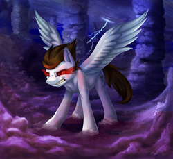 Size: 6000x5500 | Tagged: safe, artist:klarapl, oc, oc only, oc:core, pegasus, pony, absurd resolution, angry, cloud, cloudy, dark, lightning, male, red eyes, sombra eyes, stallion