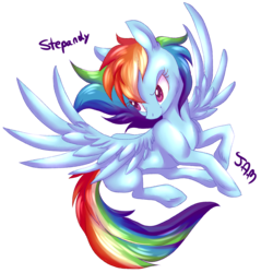 Size: 2500x2500 | Tagged: safe, artist:ihasjessie-kat, artist:stepandy, edit, rainbow dash, pegasus, pony, g4, collaboration, female, flying, high res, looking back, mare, multicolored hair, simple background, smiling, solo, spread wings, transparent background, wings