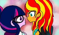 Size: 1600x960 | Tagged: safe, artist:dbcupcake, sci-twi, sunset shimmer, twilight sparkle, human, equestria girls, g4, blushing, female, imminent kissing, lesbian, looking at each other, ship:sci-twishimmer, ship:sunsetsparkle, shipping