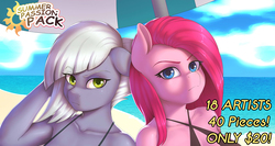 Size: 1750x932 | Tagged: safe, artist:souladdicted, limestone pie, pinkie pie, earth pony, anthro, art pack:summer passion pack, g4, advertisement, art pack, beach, bikini, clothes, duo, female, looking at you, mare, pie sisters, pinkamena diane pie, siblings, sisters, swimsuit