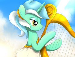 Size: 1024x768 | Tagged: safe, artist:fotasy, lyra heartstrings, pony, unicorn, g4, clothes, female, lidded eyes, lyre, mare, smiling, solo, toga