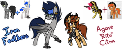 Size: 4400x1800 | Tagged: safe, artist:nekro-led, oc, oc only, oc:agave "rita" citrus, oc:iron feathers, oc:nekro led, oc:nicole, oc:tequila shots, oc:wingedthoughts, hippogriff, hybrid, pony, unicorn, fallout equestria, ear piercing, earring, fusion, grabby boi, gun, high res, jewelry, piercing, size difference, weapon