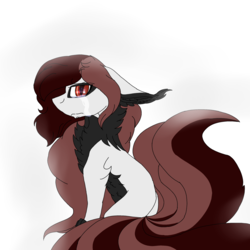 Size: 2560x2560 | Tagged: safe, artist:brokensilence, oc, oc only, oc:mira songheart, earth pony, fox, fox pony, hybrid, kitsune, kitsune pony, original species, pony, cheek fluff, chest fluff, crying, ear fluff, fluffy, high res, multiple tails, red eyes, sad, shoulder fluff, simple background, slit pupils, solo, species swap, white background