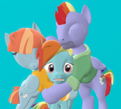 Size: 795x720 | Tagged: safe, artist:red4567, bow hothoof, rainbow dash, windy whistles, pony, g4, 3d, group hug, hug, rainbow dash's parents, source filmmaker