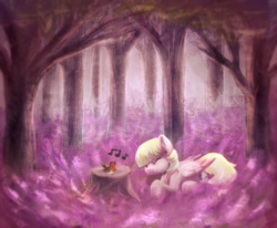 Size: 998x822 | Tagged: safe, artist:tiothebeetle, oc, oc only, bird, pony, eyes closed, forest, robin, singing, solo, tree