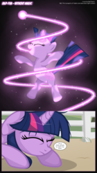 Size: 3300x5898 | Tagged: safe, artist:perfectblue97, twilight sparkle, pony, unicorn, comic:without magic, g4, absurd resolution, comic, dialogue, glowing, glowing horn, horn, magic, speech bubble, sweet apple acres, transformation, unicorn twilight