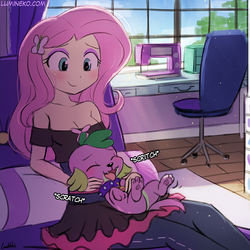 Size: 750x750 | Tagged: safe, artist:lumineko, fluttershy, spike, spike the regular dog, dog, equestria girls, equestria girls specials, g4, my little pony equestria girls: dance magic, bed, bellyrubs, blushing, breasts, caress, chair, cleavage, clothes, cute, descriptive noise, duo, eyes closed, eyeshadow, female, makeup, male, off shoulder, onomatopoeia, open mouth, pants, paw pads, scratching, sewing machine, shyabetes, skirt, smiling, spikabetes, spike the dog, spikelove, tongue out, window