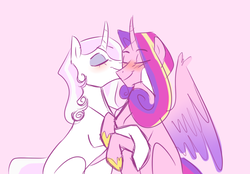 Size: 1000x695 | Tagged: safe, artist:frowoppy, fleur-de-lis, princess cadance, alicorn, pony, unicorn, g4, blushing, colored wings, curved horn, eyes closed, female, fleurdance, gradient background, gradient wings, horn, infidelity, lesbian, mare, nuzzling, shipping, sitting, smiling, wings