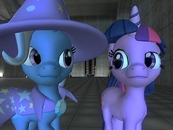 Size: 1024x768 | Tagged: safe, artist:rootbeerlord, trixie, twilight sparkle, pony, unicorn, g4, 3d, female, lesbian, mare, ship:twixie, shipping