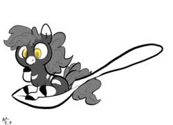 Size: 907x655 | Tagged: safe, artist:mt, oc, oc only, earth pony, pony, colored pupils, female, grayscale, horse spooning meme, mare, meme, monochrome, simple background, solo, spoon, tiny ponies, white background