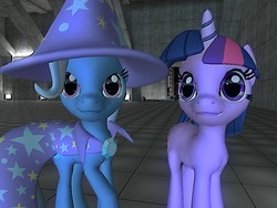 Size: 1024x768 | Tagged: safe, artist:rootbeerlord, trixie, twilight sparkle, pony, unicorn, g4, 3d, female, lesbian, mare, ship:twixie, shipping