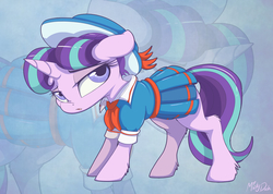 Size: 2772x1973 | Tagged: safe, artist:mistydash, snowfall frost, starlight glimmer, pony, unicorn, a hearth's warming tail, g4, clothes, female, floppy ears, looking at you, solo, starlight glimmer is not amused, unamused, zoom layer