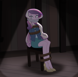 Size: 1971x1944 | Tagged: safe, artist:radiantrealm, dean cadance, princess cadance, equestria girls, g4, bondage, chair, clothes, commission, duct tape, female, gag, high heels, kidnapped, rope, rope bondage, ropes, scared, shoes, show accurate, sitting, skirt, solo, tape, tape gag