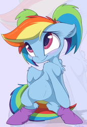 Size: 1710x2480 | Tagged: safe, artist:mistydash, rainbow dash, pony, g4, alternate hairstyle, bipedal, blushing, clothes, cute, dashabetes, female, pigtails, smiling, socks, solo, zoom layer