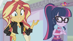 Size: 1136x638 | Tagged: safe, screencap, sci-twi, sunset shimmer, twilight sparkle, equestria girls, equestria girls specials, g4, my little pony equestria girls: mirror magic, belt, bowtie, clothes, geode of empathy, geode of telekinesis, glasses, jacket, magical geodes, ponytail, sci-twi outfits, smiling, teletoon