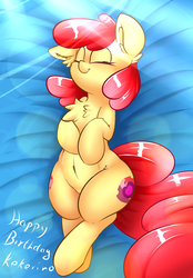 Size: 2000x2875 | Tagged: safe, artist:madacon, apple bloom, earth pony, pony, g4, adorabloom, belly button, both cutie marks, chest fluff, cute, eyes closed, female, filly, floppy ears, happy birthday, high res, missing accessory, on back, solo, the cmc's cutie marks