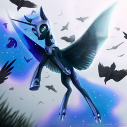 Size: 2000x2000 | Tagged: safe, artist:draknairy, nightmare moon, alicorn, bird, pony, g4, female, flying, high res, solo