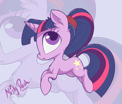 Size: 1882x1613 | Tagged: safe, artist:mistydash, twilight sparkle, pony, unicorn, g4, alternate cutie mark, alternate hairstyle, chest fluff, colored pupils, female, mare, ponytail, signature, solo, zoom layer