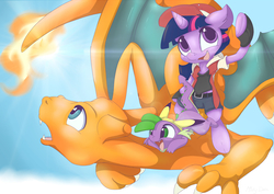 Size: 4960x3507 | Tagged: safe, artist:mistydash, spike, twilight sparkle, charizard, dragon, pikachu, semi-anthro, g4, absurd resolution, clothes, colored pupils, crossover, female, floppy ears, flying, male, pokémon, pokémon trainer