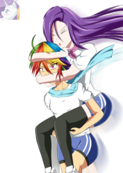 Size: 1024x1448 | Tagged: safe, artist:achaoticdotstar, rainbow dash, rarity, human, g4, clothes, eyes closed, humanized, piggyback ride, running, shirt, shoes, shorts, sneakers, socks, thigh highs