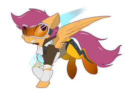 Size: 2486x1823 | Tagged: safe, artist:mistydash, scootaloo, pegasus, pony, g4, bomber jacket, clothes, crossover, ear fluff, female, filly, goggles, grin, jacket, overwatch, simple background, smiling, solo, spread wings, tracer, white background, wing fluff, wings