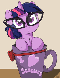 Size: 1911x2480 | Tagged: safe, artist:mistydash, sci-twi, twilight sparkle, pony, g4, adorkable, alternate hairstyle, coffee mug, cup, cup of pony, cute, dork, female, fluffy, glasses, heart, looking at you, meganekko, micro, mug, ponified, solo, twiabetes, wavy mouth