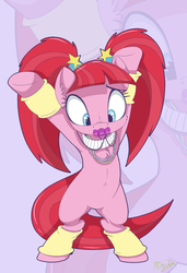 Size: 1546x2259 | Tagged: safe, artist:mistydash, pacific glow, earth pony, pony, the saddle row review, armpits, bipedal, chest fluff, cute, female, glowbetes, leg warmers, mare, pacifier, pigtails, solo, zoom layer