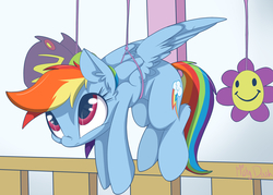 Size: 3068x2202 | Tagged: safe, artist:mistydash, rainbow dash, pony, g4, crib, crib mobile, cute, dashabetes, female, hanging, high res, silly, silly pony, solo, stuck, suspended