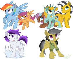 Size: 3507x2834 | Tagged: safe, artist:mistydash, daring do, rainbow dash, scootaloo, oc, oc:bowtie, oc:cabbie, oc:liberty, oc:puff smarts, earth pony, pegasus, pony, unicorn, g4, chest fluff, ear fluff, female, filly, high res, leg fluff, male, mare, mascot, ponycon, ponycon nyc, raised hoof, scootaloo can fly, scootalove, simple background, splashing, spread wings, stallion, white background, wing fluff, wings