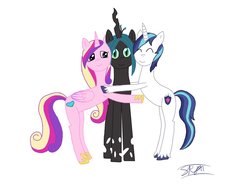 Size: 1024x775 | Tagged: safe, artist:radiancedashzelda, princess cadance, queen chrysalis, shining armor, alicorn, changeling, pony, unicorn, g4, bipedal, bisexual, eyes closed, female, hug, lesbian, male, mare, polyamory, ship:chrysarmordance, shipping, simple background, stallion, straight, trio, white background