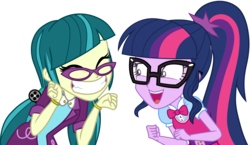 Size: 5158x3000 | Tagged: safe, artist:uponia, juniper montage, sci-twi, twilight sparkle, equestria girls, equestria girls specials, g4, my little pony equestria girls: movie magic, ^^, clothes, cute, cute little fangs, eyes closed, faic, fangirl, fangs, female, glasses, grin, happy, high res, junibetes, open mouth, pigtails, ponytail, simple background, smiling, squee, transparent background, twiabetes, vector