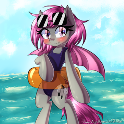 Size: 2000x2000 | Tagged: safe, artist:chaosangeldesu, oc, oc only, oc:fruitful melody, bat pony, pony, beach, bipedal, clothes, high res, inflatable, inner tube, one-piece swimsuit, swimsuit, water