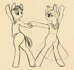 Size: 1316x1260 | Tagged: safe, artist:lunebat, pony, clothes, colt, couple, dancing, dress, female, male, mare, monochrome, sketch