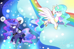 Size: 3000x2000 | Tagged: safe, artist:lynchristina, princess celestia, princess luna, alicorn, pony, g4, dream walker luna, dreamscape, duo, high res, rainbow, royal sisters, sky, spread wings, sun, wings