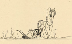 Size: 1772x1082 | Tagged: safe, artist:lunebat, pony, farm, female, field, horse collar, mare, monochrome, plow, reins, sketch, wheel