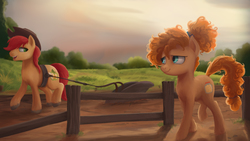 Size: 3840x2160 | Tagged: safe, artist:starblaze25, bright mac, pear butter, earth pony, pony, g4, the perfect pear, 4k, applejack's parents, cowboy hat, female, fence, fluffy, hat, high res, husband and wife, male, open mouth, scenery, stetson