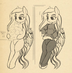 Size: 1234x1250 | Tagged: dead source, safe, artist:lunebat, oc, oc only, oc:melody snowstorm, semi-anthro, bored, clothes, cloud, female, mare, monochrome, sketch, wings