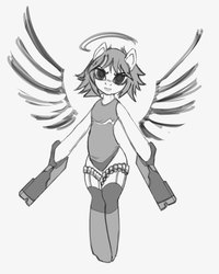Size: 1553x1941 | Tagged: dead source, safe, artist:lunebat, angel, anthro, unguligrade anthro, clothes, evil, female, gun, mare, monochrome, shotgun, sketch, stockings, thigh highs, weapon, wings