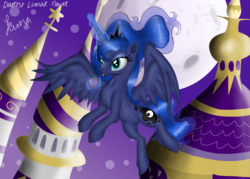 Size: 4823x3445 | Tagged: safe, artist:darkest-lunar-flower, princess luna, alicorn, pony, g4, absurd resolution, apple, belly button, canterlot, canterlot castle, chest fluff, cute, eyelashes, eyeshadow, female, flying, food, lunabetes, makeup, mare, missing accessory, moon, solo, tongue out