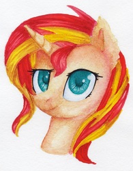 Size: 2000x2563 | Tagged: safe, artist:0okami-0ni, sunset shimmer, pony, unicorn, g4, bust, colored pupils, female, high res, looking at you, portrait, smiling, solo, traditional art, watercolor painting