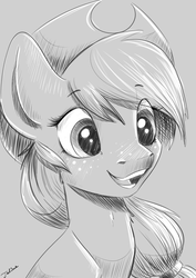 Size: 2894x4093 | Tagged: safe, artist:faline-art, applejack, earth pony, pony, g4, bust, female, grayscale, hat, mare, monochrome, open mouth, portrait, smiling, solo, wide eyes