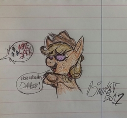 Size: 1974x1836 | Tagged: safe, artist:binkyt11, derpibooru exclusive, applejack, earth pony, pony, g4, eyeshadow, female, impersonating, implied rarity, lined paper, makeup, mare, offscreen character, quality, solo, speech bubble, traditional art