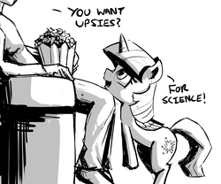 Size: 1462x1216 | Tagged: dead source, safe, artist:artguydis, twilight sparkle, alicorn, human, pony, g4, bipedal, cute, female, food, for science, grayscale, leaning, mare, meme, monochrome, nose wrinkle, open mouth, popcorn, science, simple background, smiling, twiabetes, twilight sparkle (alicorn), upsies, white background