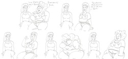 Size: 5873x2719 | Tagged: safe, artist:catstuxedo, maud pie, pinkie pie, human, g4, rock solid friendship, belly button, cartoon physics, dialogue, fat, humanized, monochrome, pinkie being pinkie, pinkie physics, pudgy pie, scene interpretation, sequence