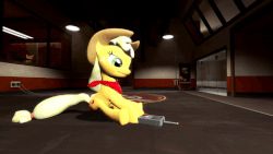 Size: 480x270 | Tagged: source needed, safe, applejack, human, pony, g4, 3d, animated, crossover, dancing, engineer, engineer (tf2), gif, source filmmaker, team fortress 2, this will end in explosions, tiny desk engineer