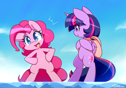 Size: 1080x756 | Tagged: safe, artist:dshou, pinkie pie, twilight sparkle, alicorn, earth pony, pony, semi-anthro, g4, backpack, bipedal, cute, diapinkes, parody, smiling, twiabetes, twilight sparkle (alicorn)