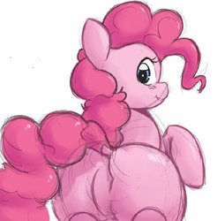 Size: 571x581 | Tagged: safe, artist:tre, pinkie pie, earth pony, pony, g4, balloonbutt, blushing, butt, colored, cute, dock, featureless crotch, looking at you, looking back, plot, plump, raised hoof, simple background, sketch, smiling, white background